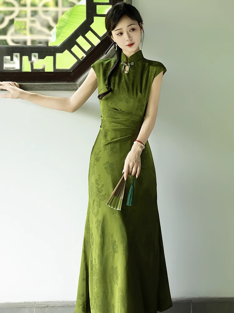 Summer Women Daily Green Jacquard Slim Cheongsam Dresses