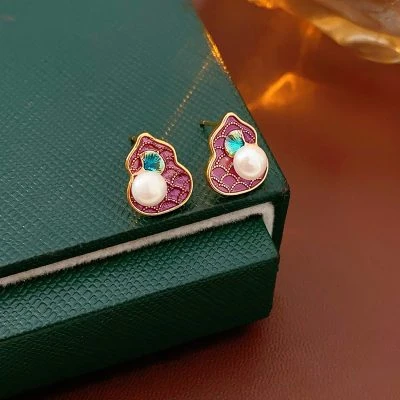 Pink Gourd Women Pearl Earrings Retro Cheongsam Accessories