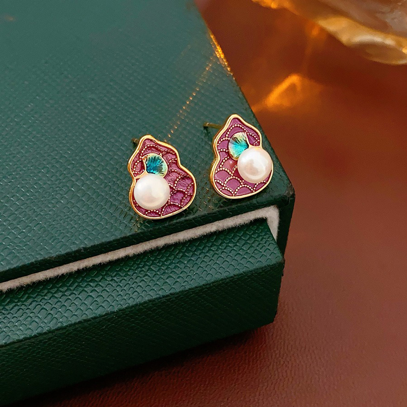 Pink-Gourd-Women-Pearl-Earrings-Retro-Cheongsam-Accessories-1 Pink Gourd Women Pearl Earrings Retro Cheongsam Accessories