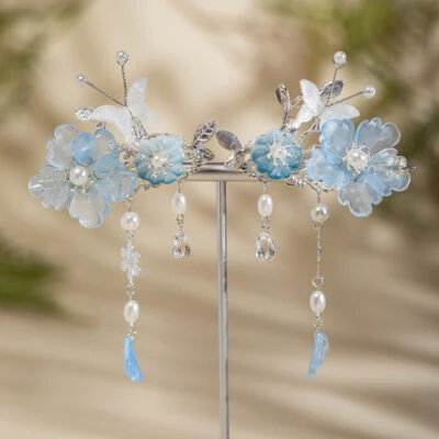 Blue Peony Woman Butterfly Tassel Vintage Hanfu Hair Clips