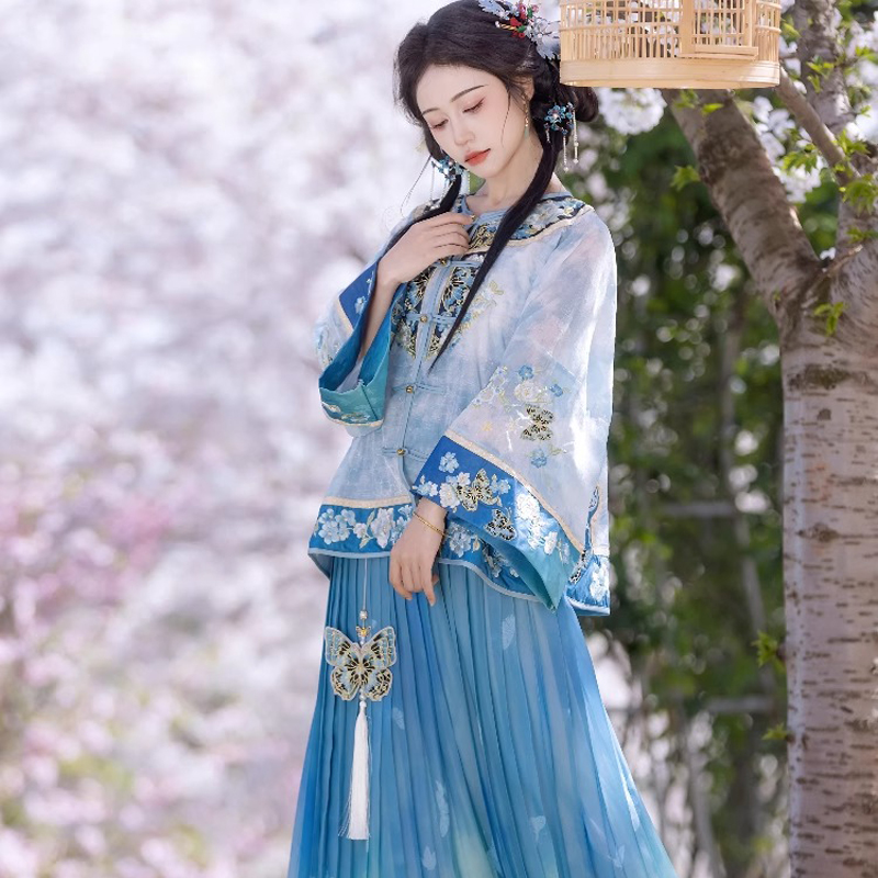 Summer-Women-Long-Sleeve-Ming-Hanfu-Embroidered-Pleated-Skirt-1 Summer Women Long Sleeve Ming Hanfu Embroidered Pleated Skirt
