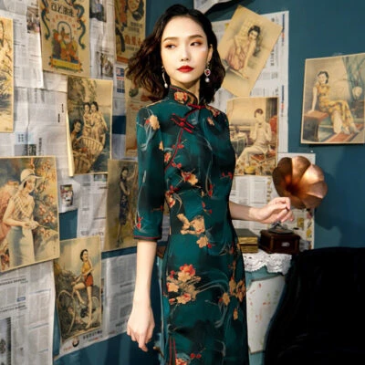 Women Retro Cheongsam Fall Half-sleeve Qipao Dresses