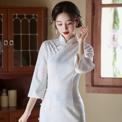 Light Blue Cheongsam New Elegant Slim Dresses Qipao for Female