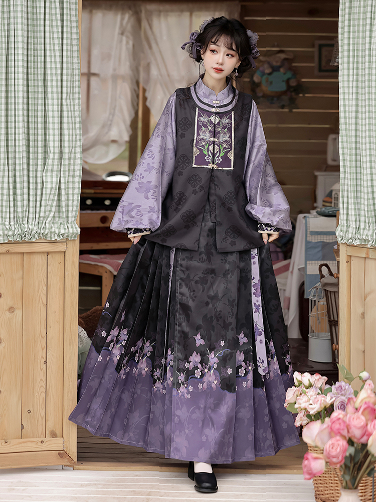 Women Ming Hanfu Purple Style Bijia Set Autumn Mamian Skirt