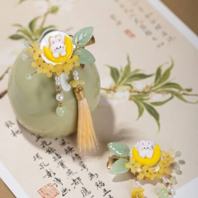 Children Hair Accessories Mid-Autumn Festival Cute Moon Bunny Hair Clips Hanfu Cinnamon Tassel