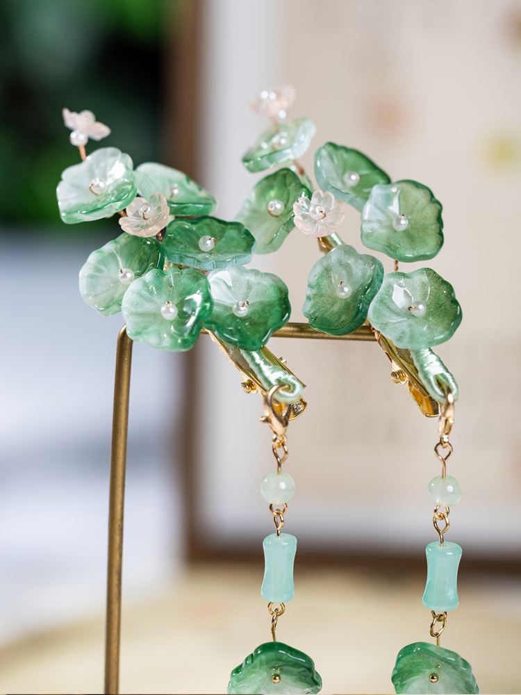 Hanfu Hairpin with Lotus Leaf Tassel Minimalist Hair Accessory for Cheongsam