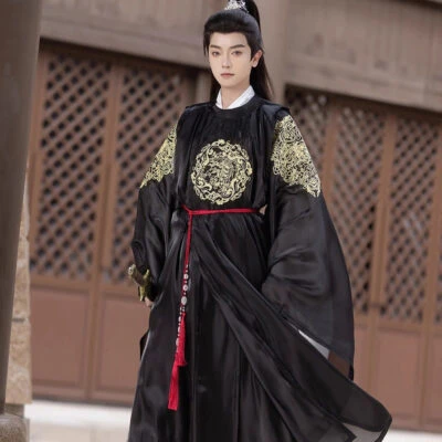 Men Black Round Collar Robe Autumn Tang Dynasty Hanfu Wuxia Clothing