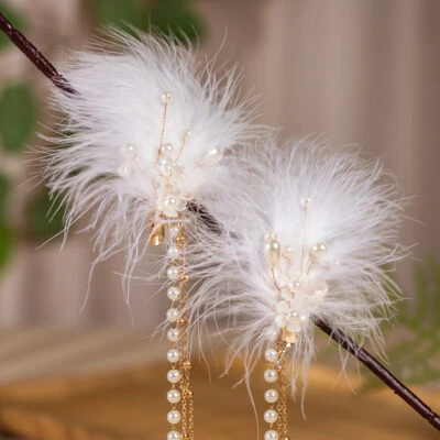 Hanfu Hair Accessory Pearl Feather Tassel Hair Clip - White Headpiece