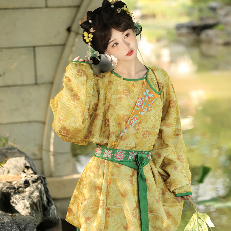 Autumn-Tang-Dynasty-Women-Hanfu-Round-Neck-Robe-Cute-Yellow-Daily-Set-1 Autumn Tang Dynasty Women Hanfu Round Neck Robe Cute Yellow Daily Set