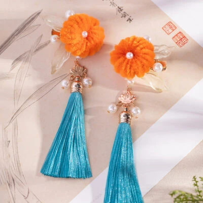 Hanfu Women Pumpkin Hairpiece with Tassel Plush Hairpin