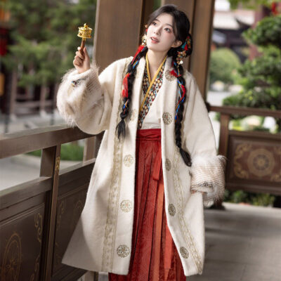 Women Winter Fluffy Fleece-Lined Coat Unique Song Dynasty Hanfu Set