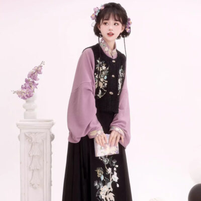 Women Winter Hanfu Purple Daily Set with Mamian Skirt