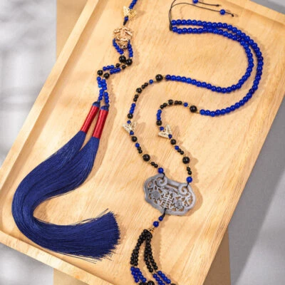Classic Blue Necklace Ming Dynasty Hanfu Accessory Long Style Yingluo