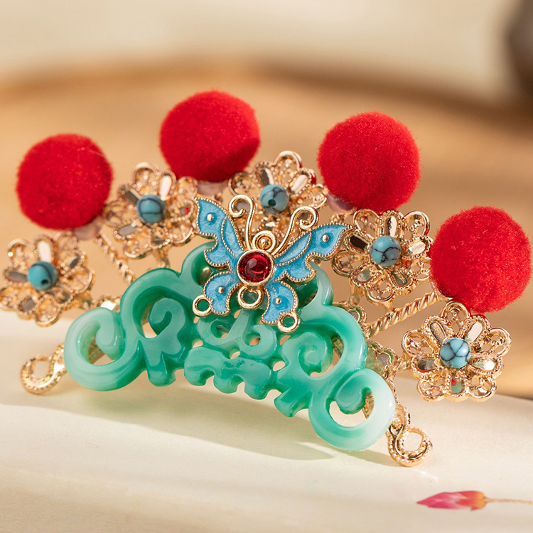Hanfu Opera-Style Headpiece with Red Fluff Cosplay Accessory
