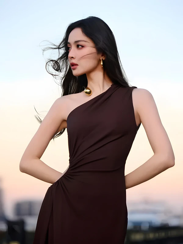 Nazha’s Chocolate Gown Against the Twilight Riverside Canvas