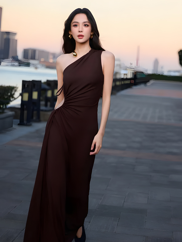 Nazha’s Chocolate Gown Against the Twilight Riverside Canvas