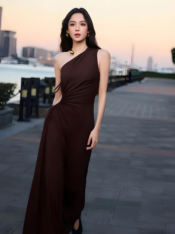 Nazha’s Chocolate Gown Against the Twilight Riverside Canvas