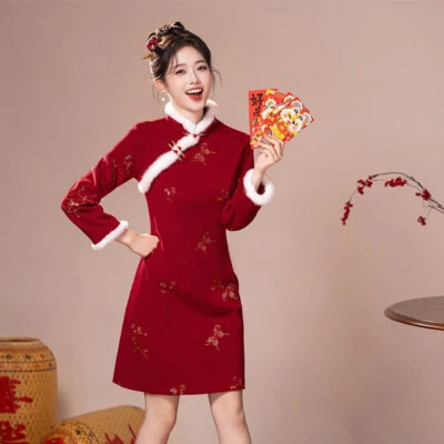 Women Cheongsam Winter Collection Christmas New Arrival Red Dress Thickened New Year Qipao