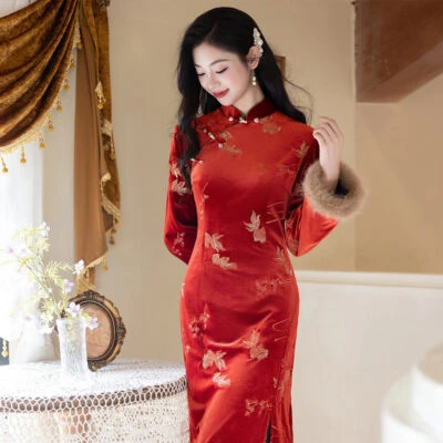 Women Winter Red Cheongsam New Year Style Elegant Long-Sleeved Koi Qipao
