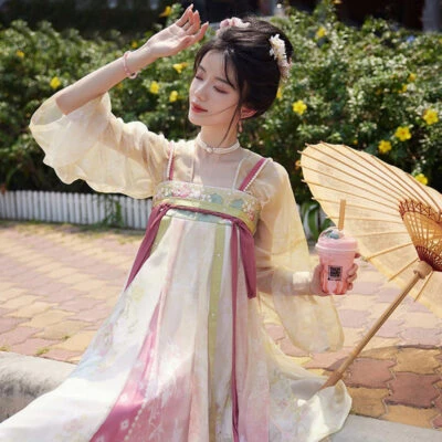 Women's Pink Qixiong Shanqun Tang Dynasty Embroidered Hanfu Duijin Shirt