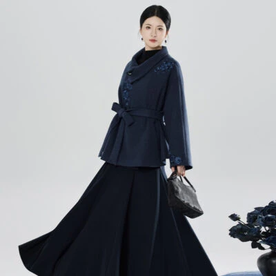 New Chinese Style Windproof Blue Coat Fishtail Skirt Casual Hanfu Set