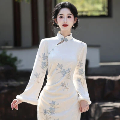 Spring Women Cheongsam New Long Fleece Lined Qipao Dress