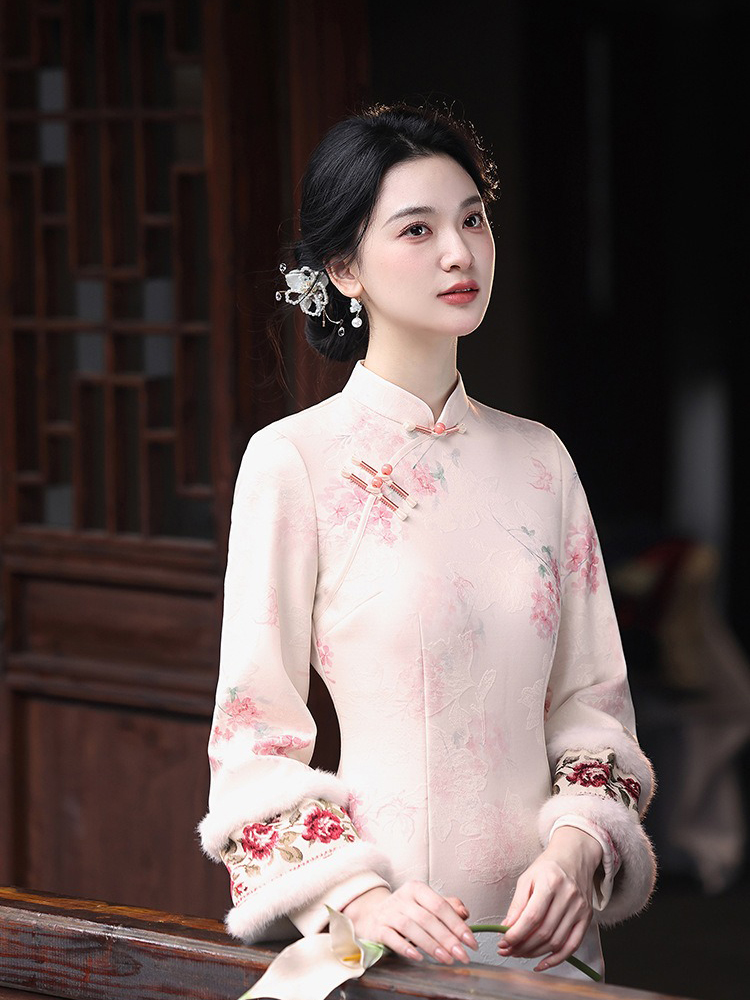 Spring Women Cheongsam Pink Wide-Sleeved Warm Long Dress