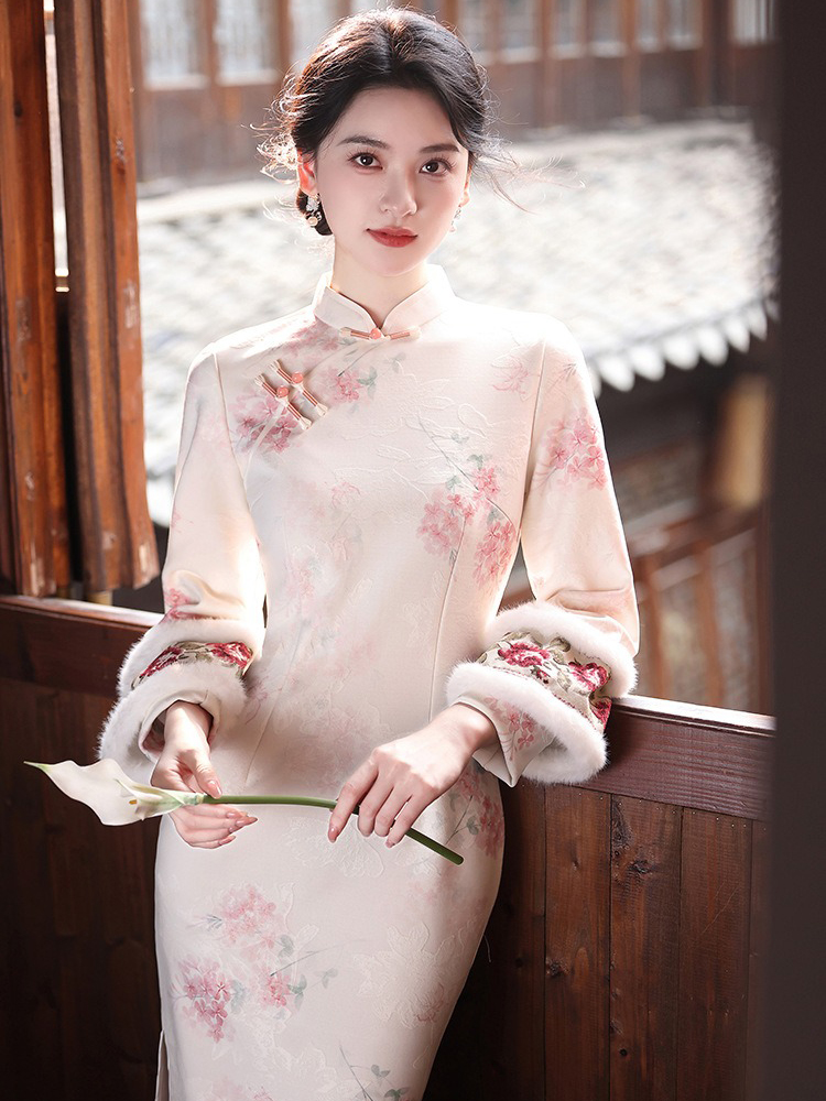 Spring Women Cheongsam Pink Wide-Sleeved Warm Long Dress