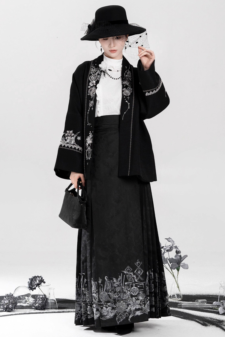 Spring Women Hanfu Set Duijin Jacket Black Mamian Skirt Elegant Style