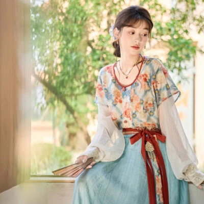 Tang Dynasty Style Women Hanfu Set in Tencel Fabric for Casual Daily Wear