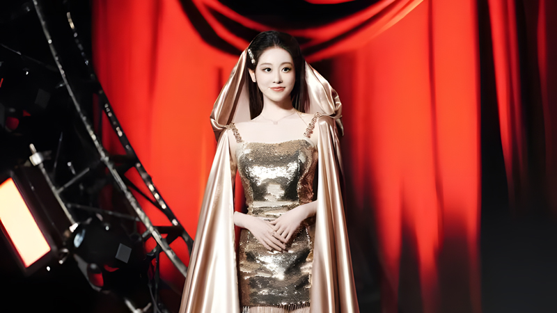 Zhu Xudan Shines in Golden Sequin Gown and Champagne Cape