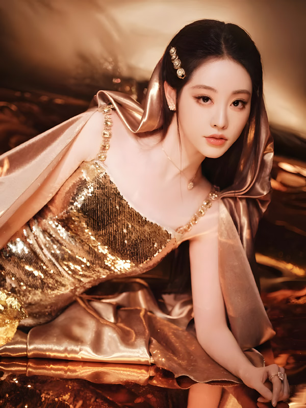 Zhu Xudan Shines in Golden Sequin Gown and Champagne Cape
