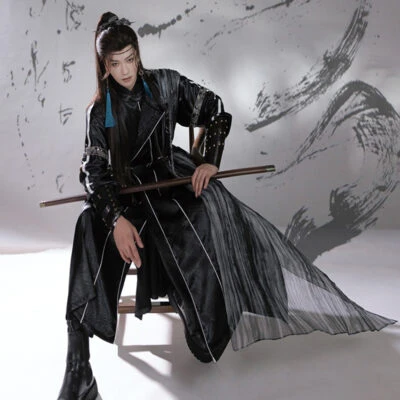 Men Martial Arts Hanfu Set Black Long Round-Neck Robe