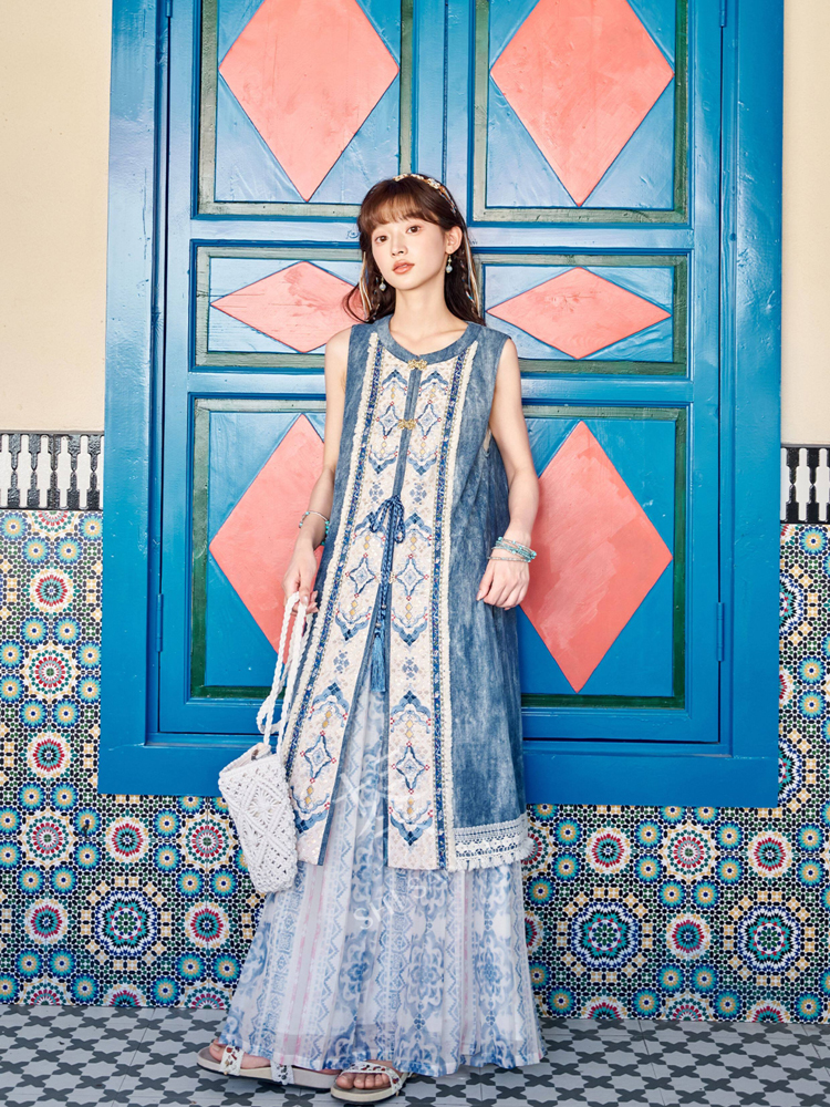 Summer Casual Set Fashionable Hanfu-Inspired Denim-Element Ensemble