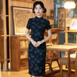Women Navy Blue Vintage Short-Sleeve Qipao for Everyday Spring Wear