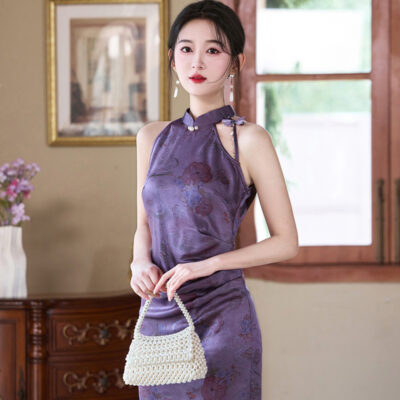 Women Purple Qipao Style Summer Fitted Dress