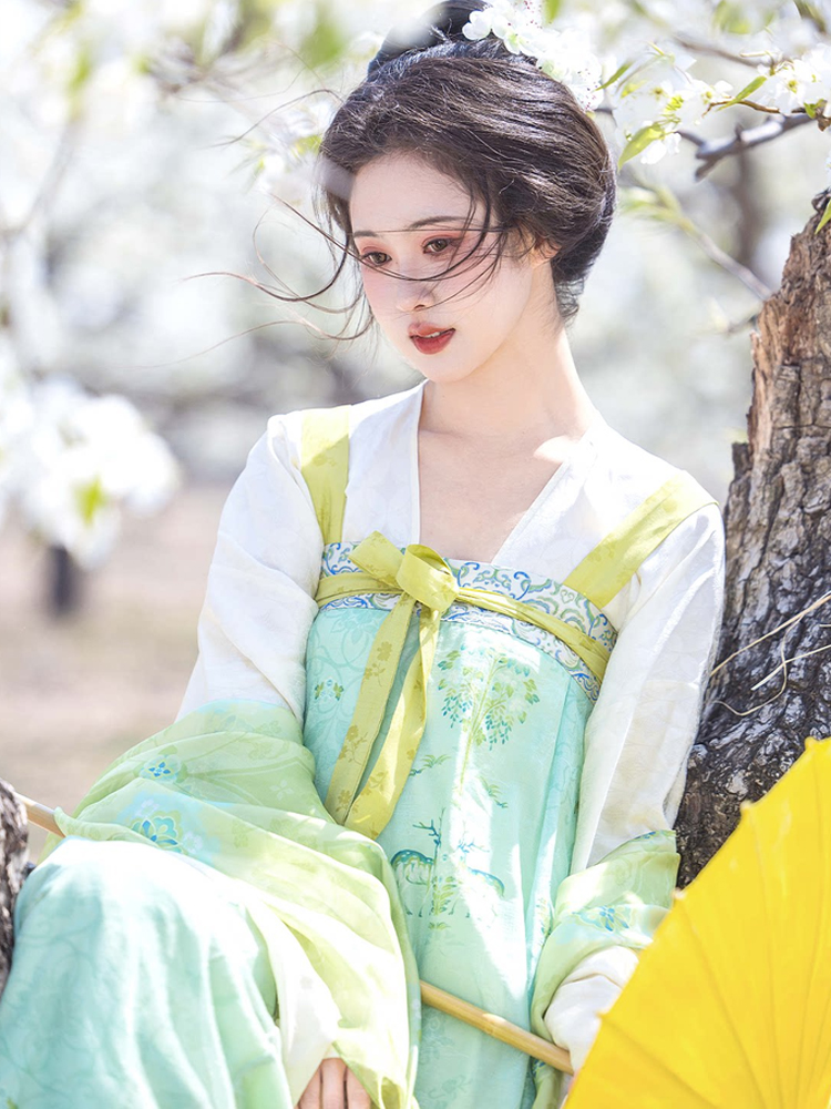 Women Spring Green Tang Dynasty Qixiong Shanqun Hanfu Set