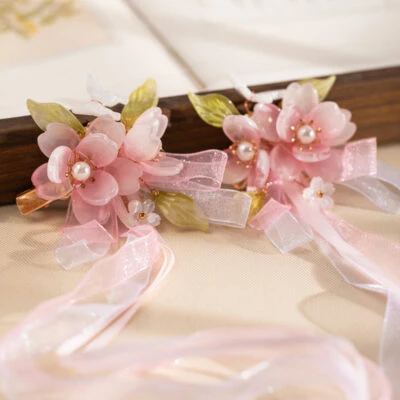 Cute Children Hanfu Headwear Cherry Blossom Hair Clips and Spring-Themed Ribbon Hair Accessories