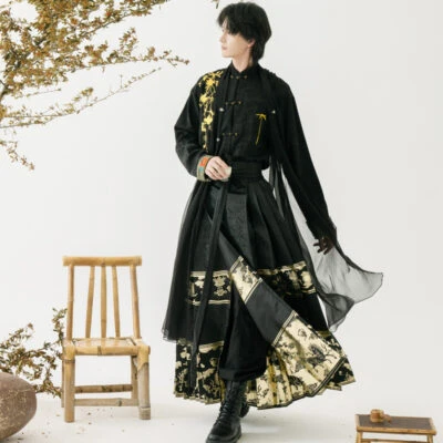 Men Casual Hanfu Ming Dynasty Style Mamian Skirt Modern Stand Collar Shirt