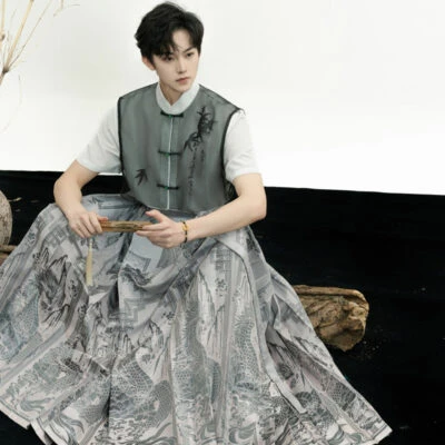 Men Ming Dynasty Hanfu Modern Style Ma Mian Silver Skirt