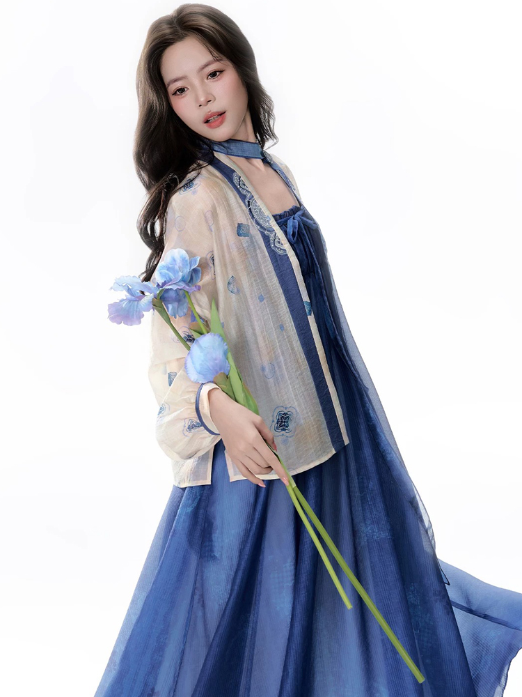 Summer Women Long Dress Blue Casual Hanfu Set