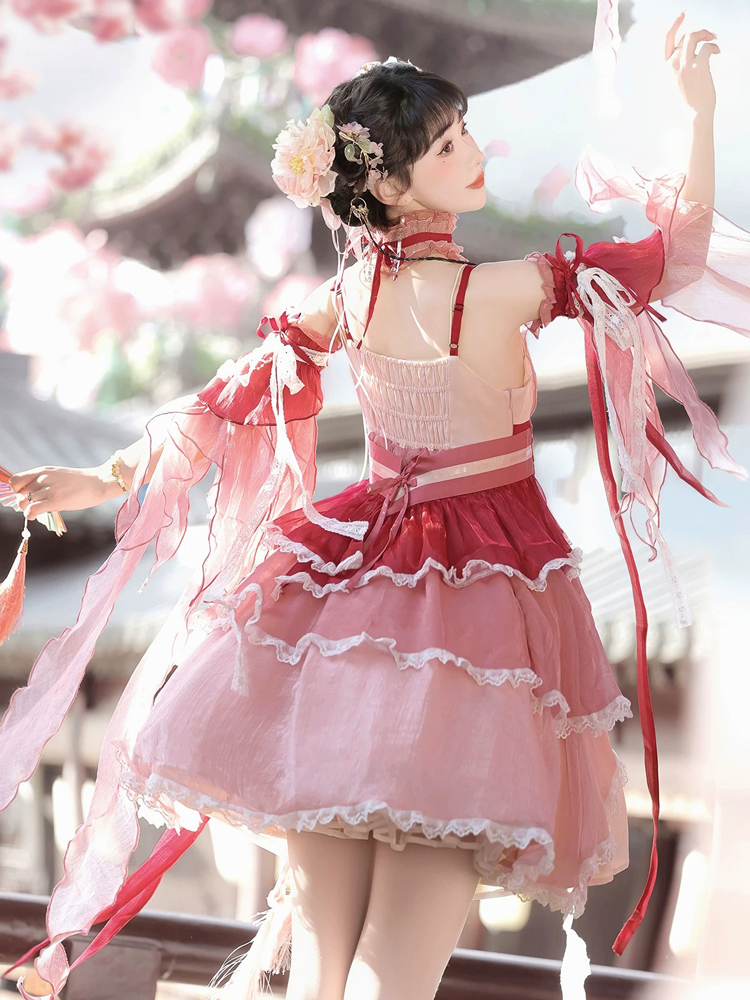 Summer Women Pink Dress Elegant Set with Hanfu Elements