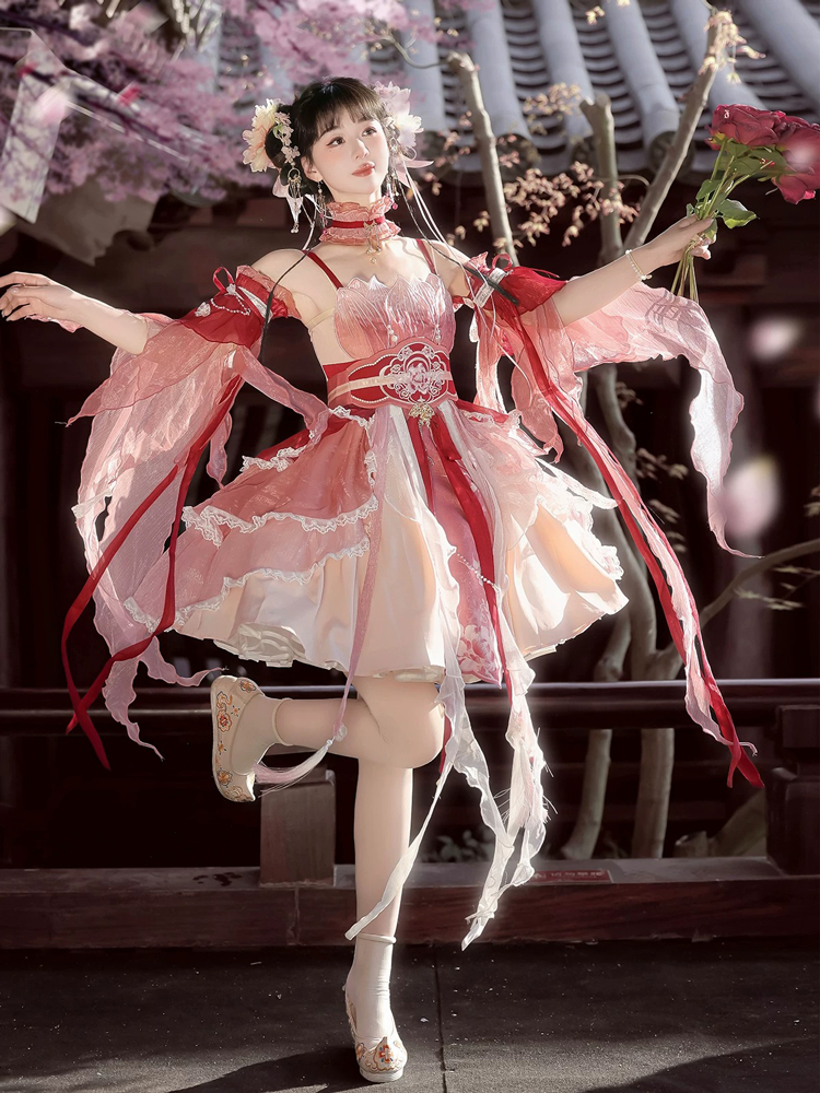Summer Women Pink Dress Elegant Set with Hanfu Elements