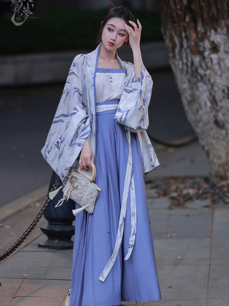 Women Summer Casual Hanfu Song Dynasty-Style Blue Everyday Songku Set