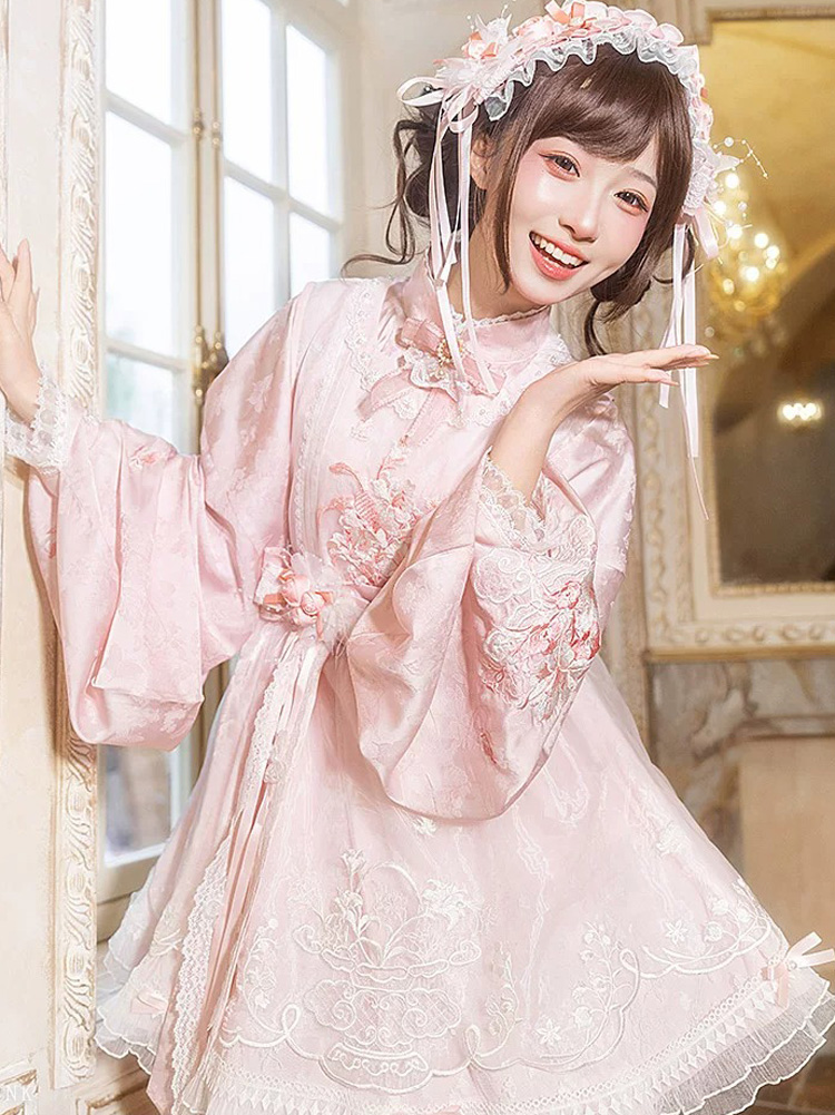 Women Summer Pink Dress with Pipa Sleeves Chinese-Inspired Cute Set