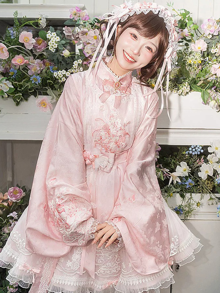 Women Summer Pink Dress with Pipa Sleeves Chinese-Inspired Cute Set