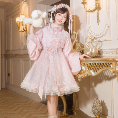 Women Summer Pink Dress with Pipa Sleeves Chinese-Inspired Cute Set