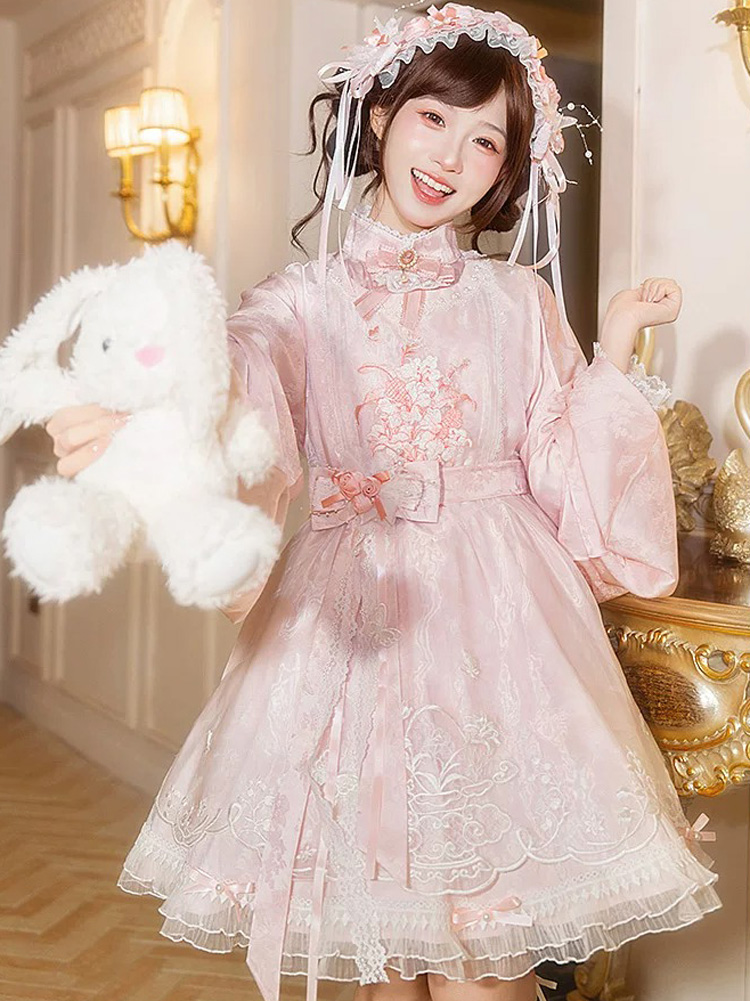 Women Summer Pink Dress with Pipa Sleeves Chinese-Inspired Cute Set