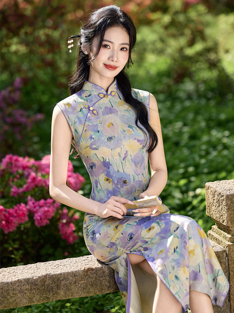 Women Summer Qipao Long Style Sleeveless Floral Dress