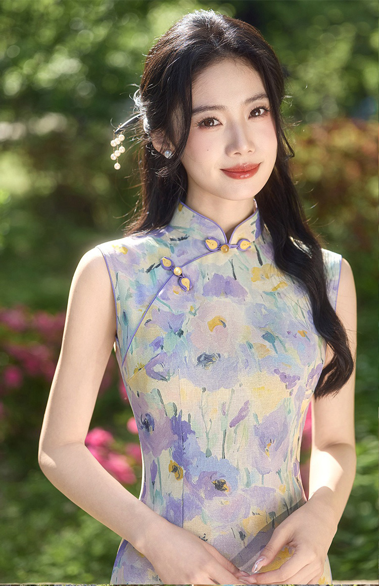 Women Summer Qipao Long Style Sleeveless Floral Dress